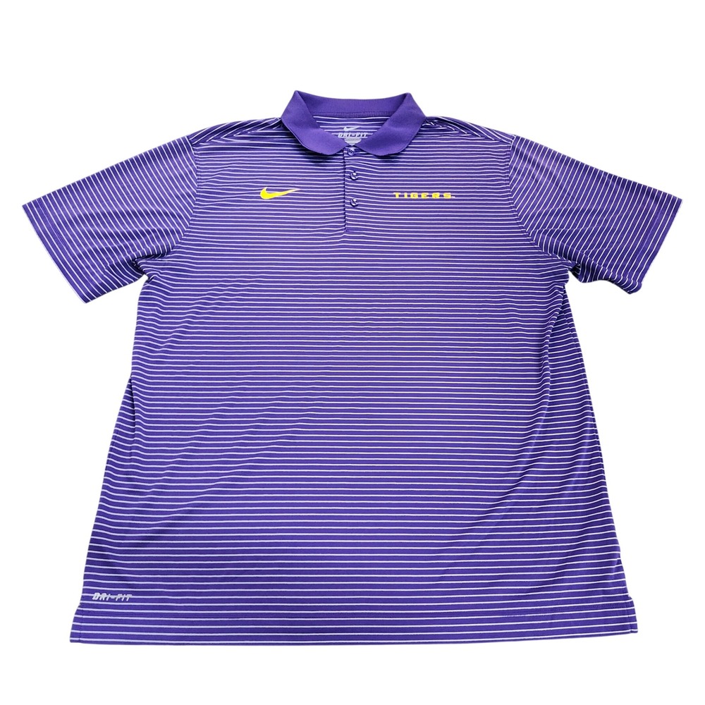 LSU TIGERS NIKE MENS XL PURPLE NCAA STRIPED DRI-FIT POLO SHIRT EUC